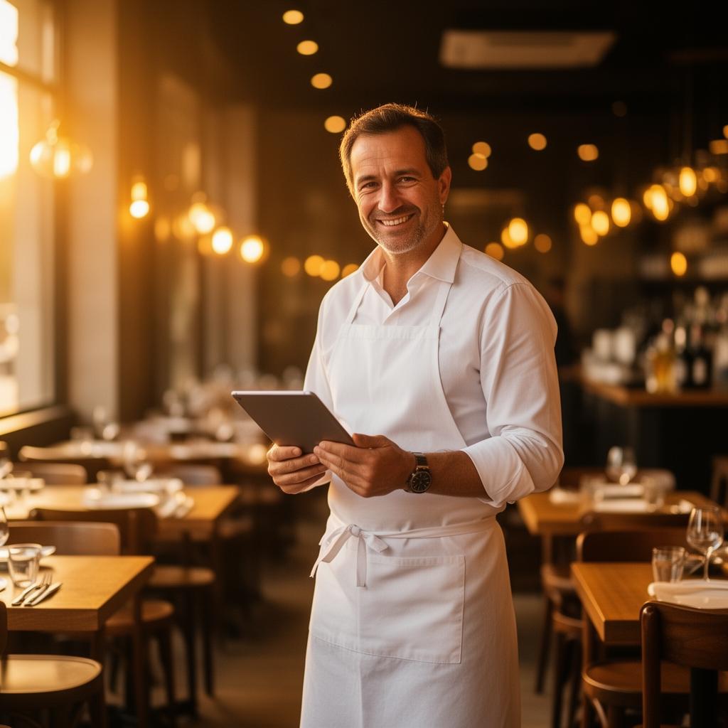 Restaurateur souriant utilisant Diniiz sur tablette dans son bistro