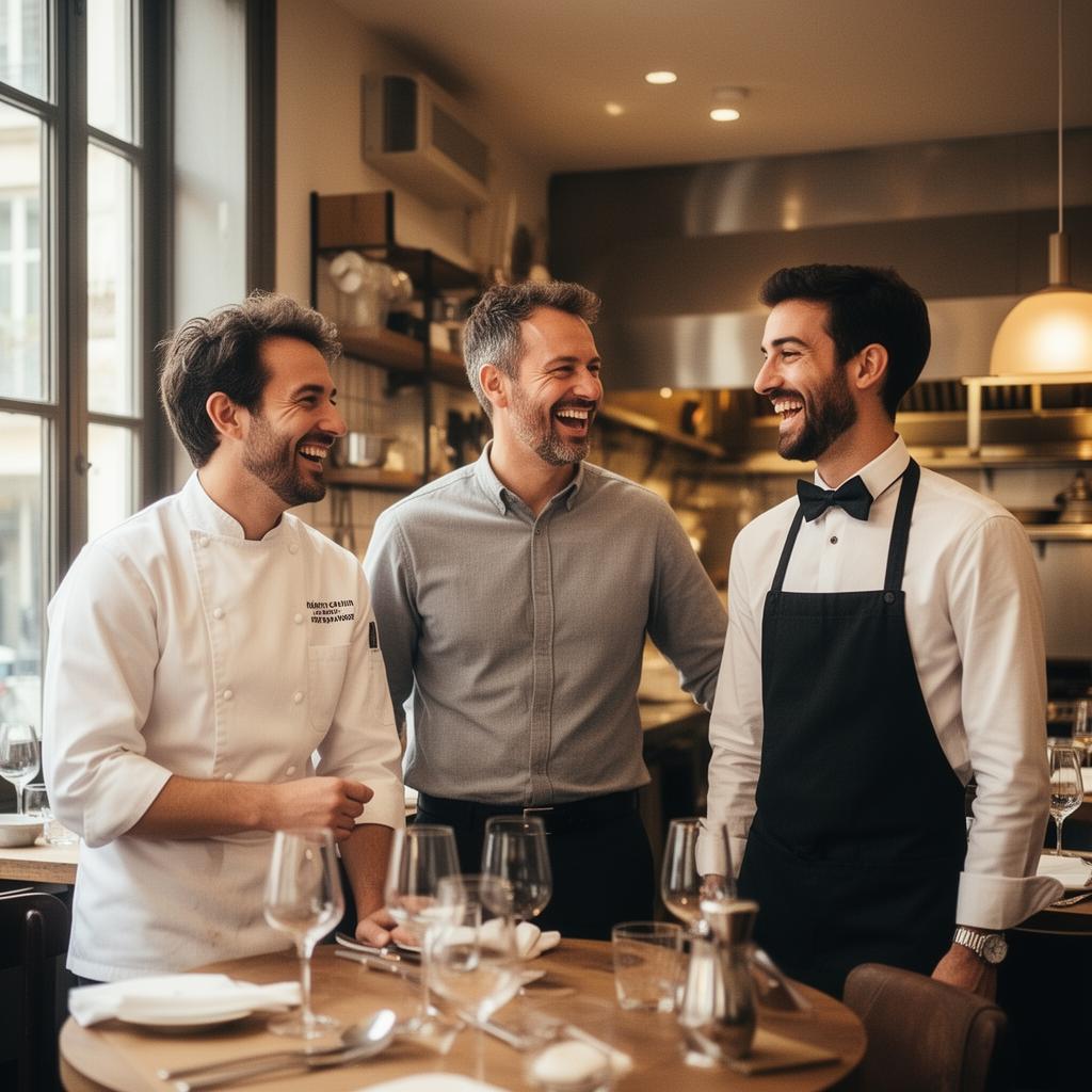 Chef et équipe de restaurant souriant ensemble